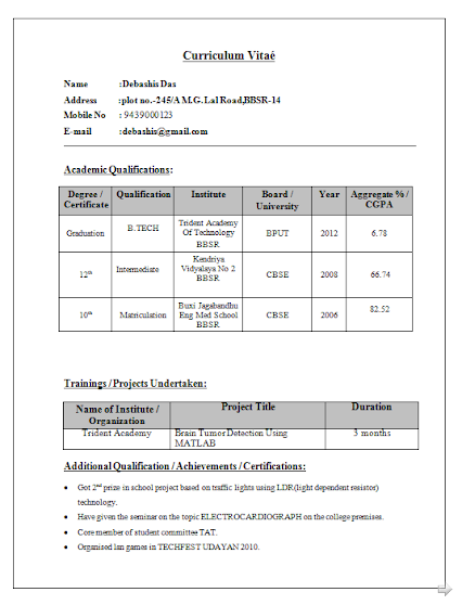 Freshers resume samples for electronics and communication engineers
